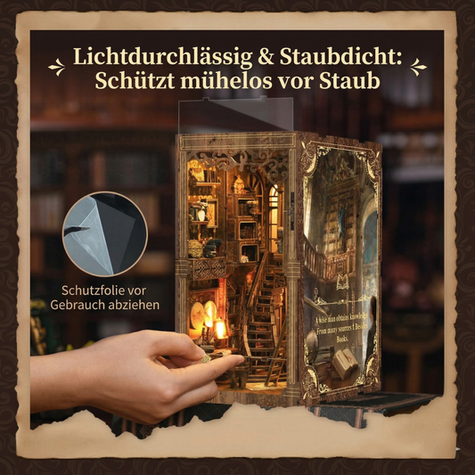 Book Nook Kit mit LED Licht – Antike Bibliothek Miniatur für Bücherregal | Perfektes Geschenk